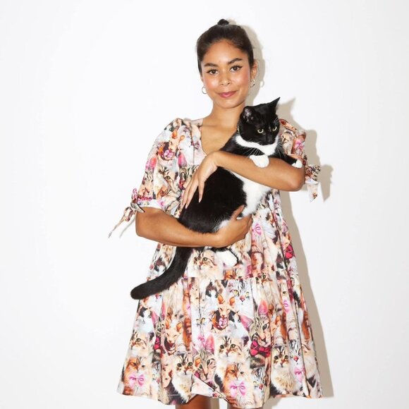 LAZY OAF Furry Friends cat print relaxed fit smock dress size 2 - Picture 1 of 9